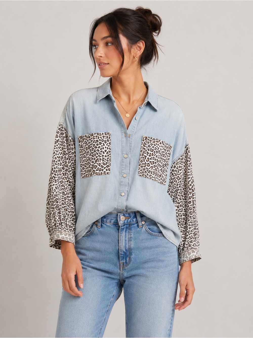 Light Wash Leopard Print Denim Button Down Shacket Oversized Top Small